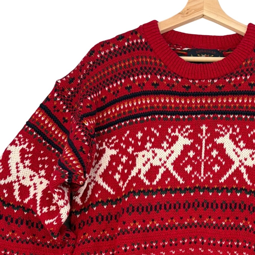 American Portrait Vintage Red Fair Isle Reindeer Cotton Knit Sweater Mens Medium